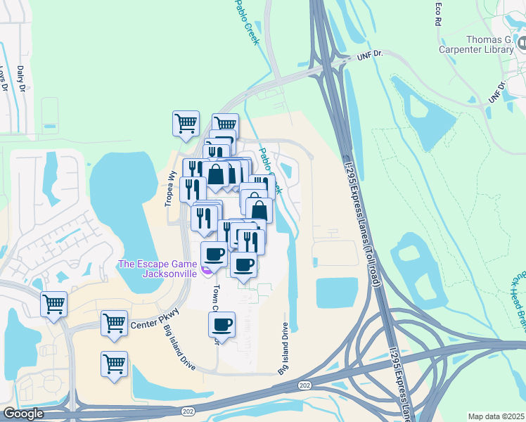 map of restaurants, bars, coffee shops, grocery stores, and more near 4567 River City Drive in Jacksonville