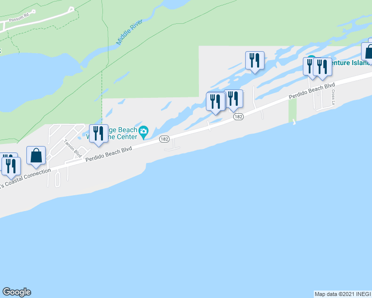 map of restaurants, bars, coffee shops, grocery stores, and more near 23926 Perdido Beach Boulevard in Orange Beach