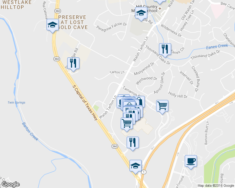 map of restaurants, bars, coffee shops, grocery stores, and more near 2329 Walsh Tarlton Lane in Austin