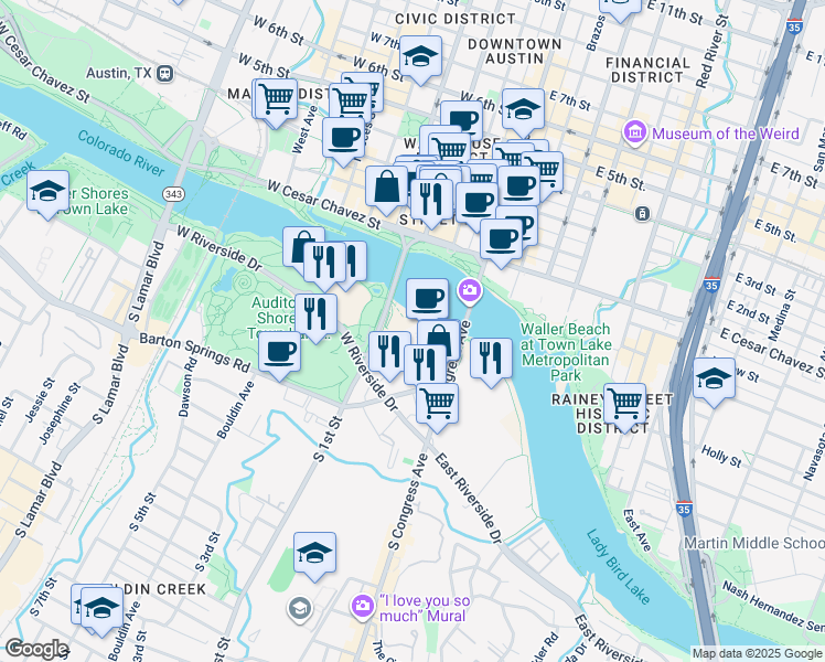 map of restaurants, bars, coffee shops, grocery stores, and more near 208 Barton Springs Road in Austin