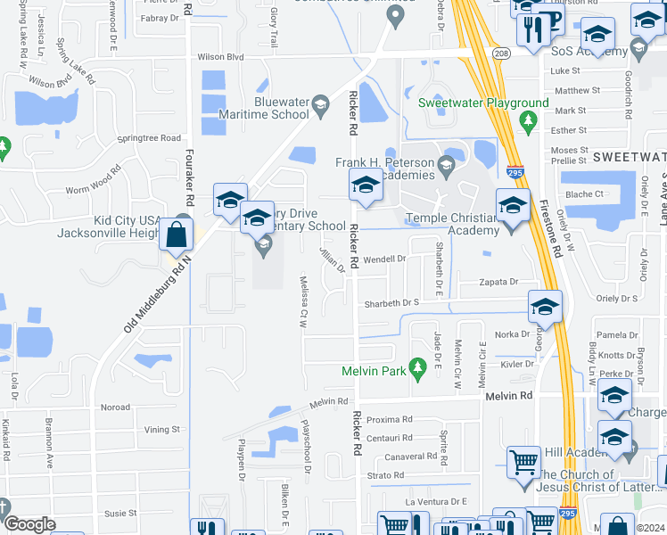 map of restaurants, bars, coffee shops, grocery stores, and more near 4228 Jillian Drive in Jacksonville