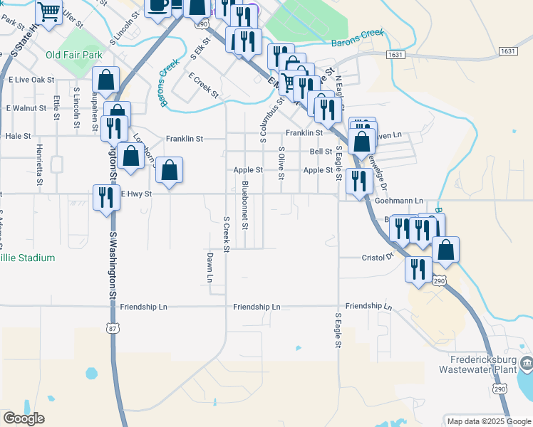 map of restaurants, bars, coffee shops, grocery stores, and more near 607 South Columbus Street in Fredericksburg