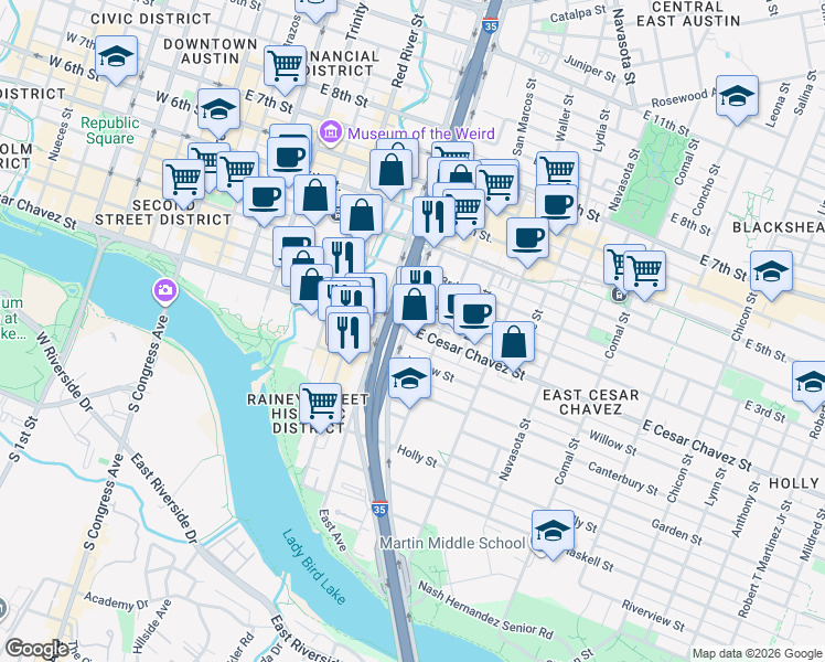 map of restaurants, bars, coffee shops, grocery stores, and more near 899 East Cesar Chavez Street in Austin