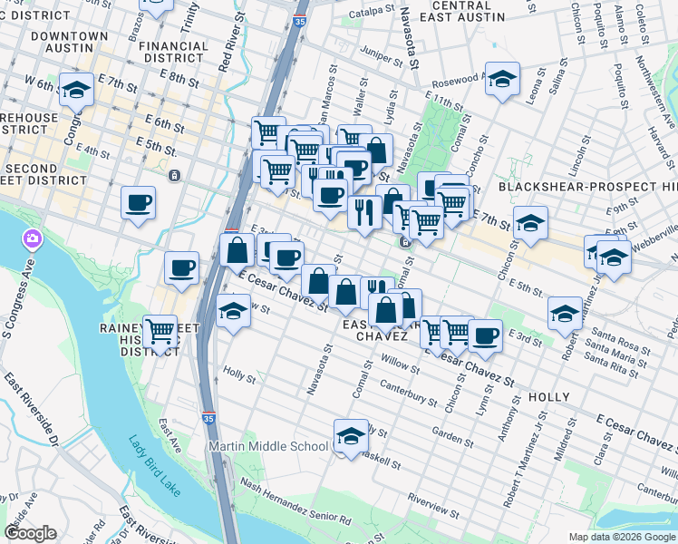 map of restaurants, bars, coffee shops, grocery stores, and more near 204 Attayac Street in Austin