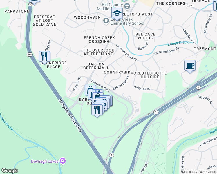 map of restaurants, bars, coffee shops, grocery stores, and more near 2116 Wychwood Drive in Austin