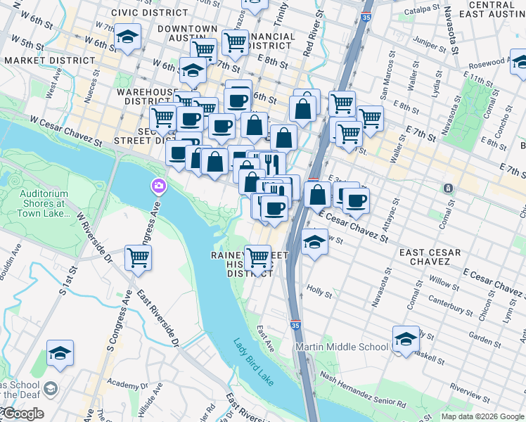 map of restaurants, bars, coffee shops, grocery stores, and more near 91 Red River Street in Austin