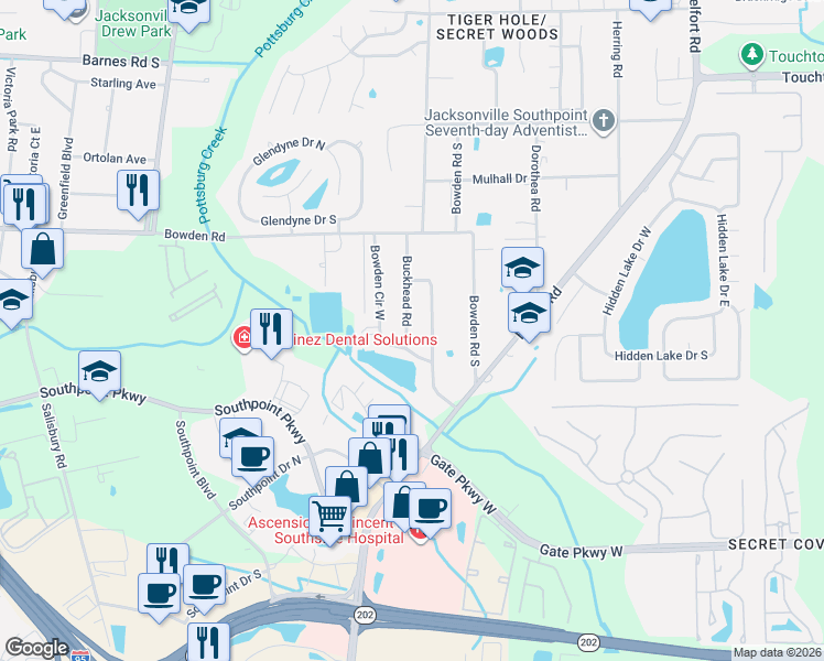 map of restaurants, bars, coffee shops, grocery stores, and more near 3633 Buckhead Road in Jacksonville
