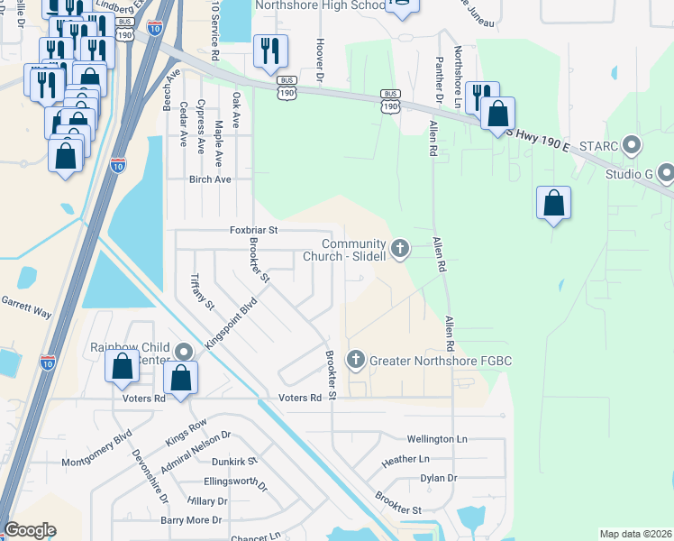map of restaurants, bars, coffee shops, grocery stores, and more near 316 Almond Creek Road in Slidell