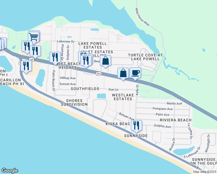 map of restaurants, bars, coffee shops, grocery stores, and more near 132 Sun Lane in Panama City Beach