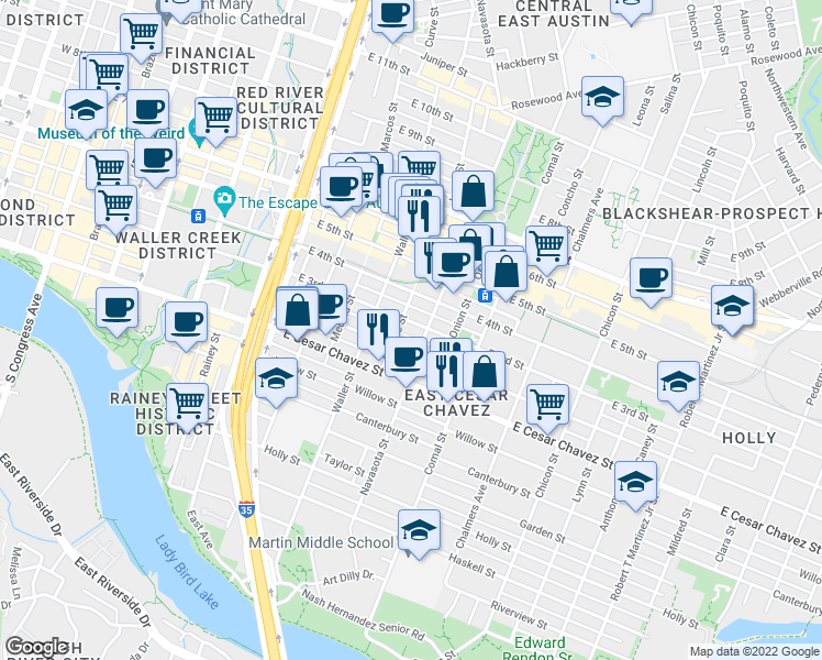 map of restaurants, bars, coffee shops, grocery stores, and more near 1305 East 3rd Street in Austin