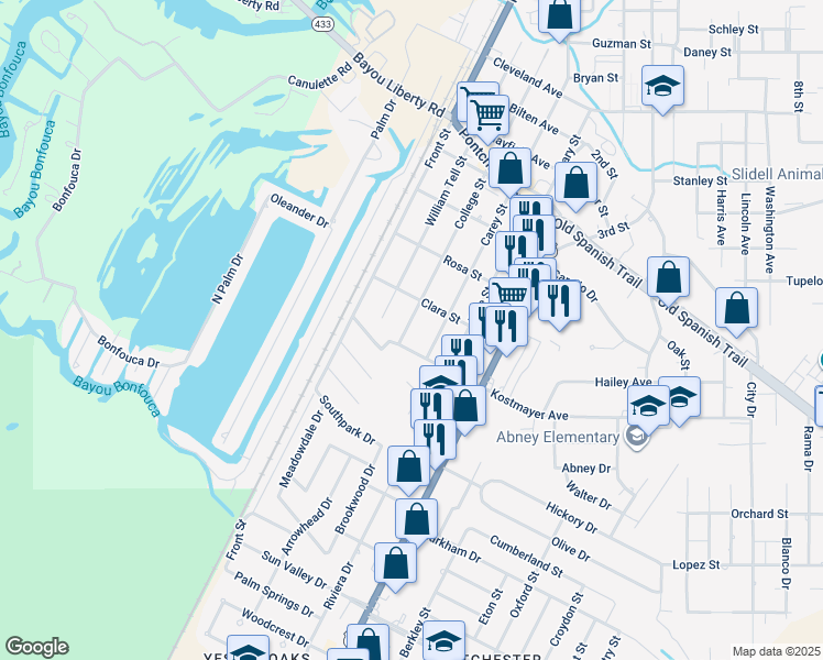 map of restaurants, bars, coffee shops, grocery stores, and more near 3254 College Street in Slidell