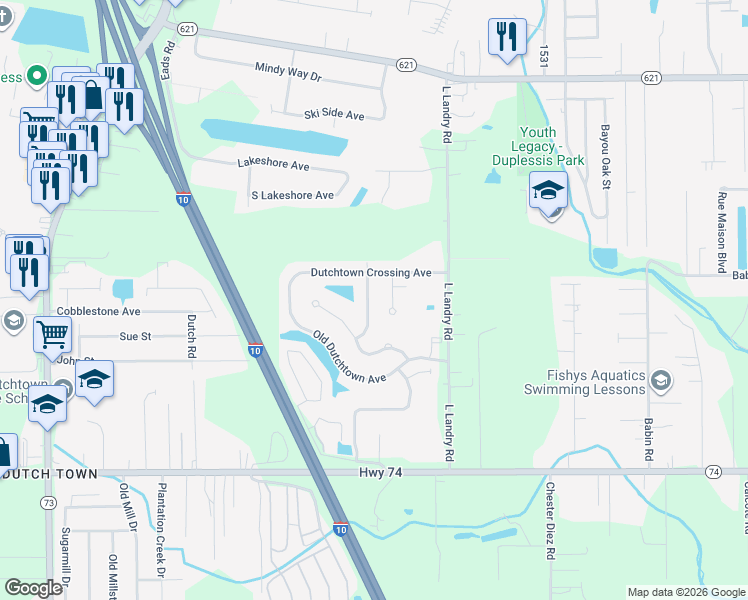 map of restaurants, bars, coffee shops, grocery stores, and more near 13260 Babin Mill Ave in Gonzales