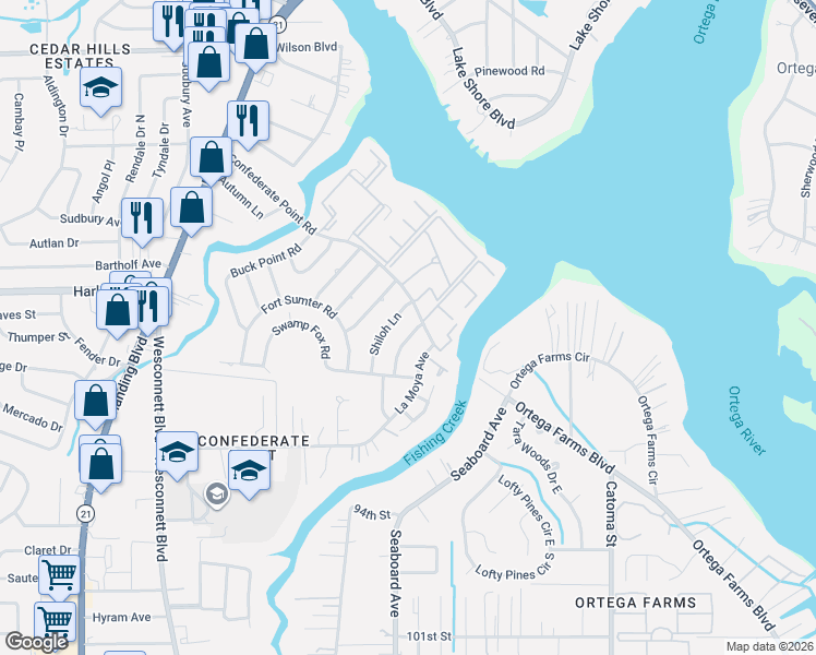 map of restaurants, bars, coffee shops, grocery stores, and more near 4427 Shiloh Lane in Jacksonville