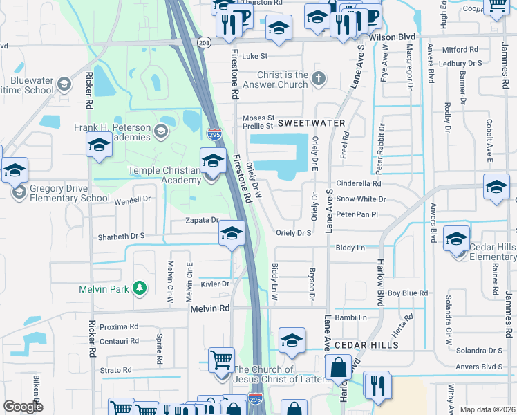 map of restaurants, bars, coffee shops, grocery stores, and more near 4126 Oriely Drive West in Jacksonville