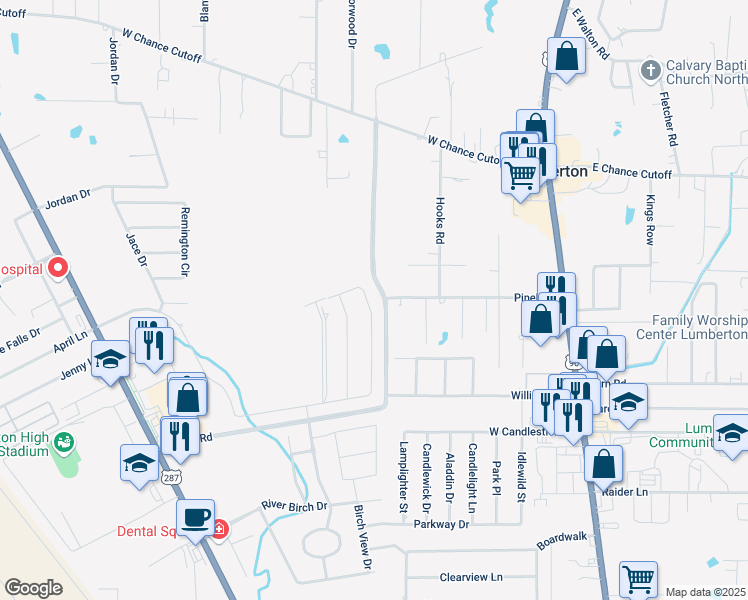 map of restaurants, bars, coffee shops, grocery stores, and more near 1400 Kalas Circle in Lumberton