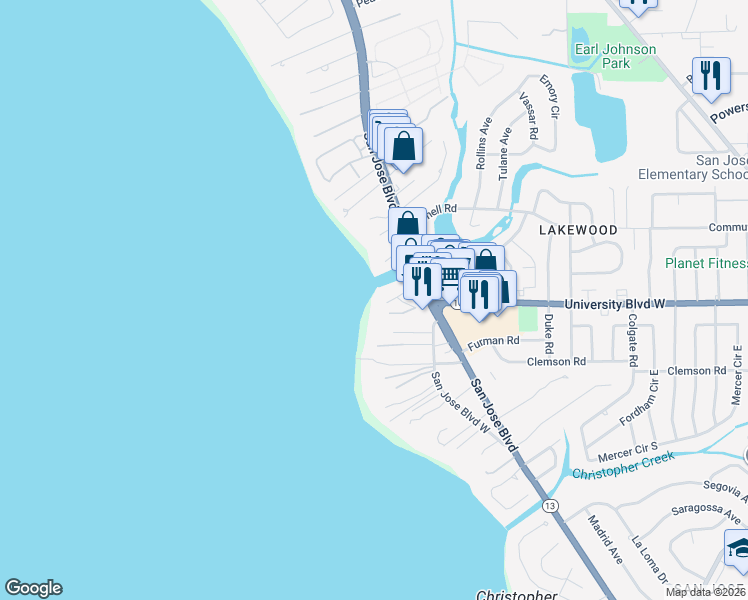 map of restaurants, bars, coffee shops, grocery stores, and more near 1401 University Boulevard West in Jacksonville