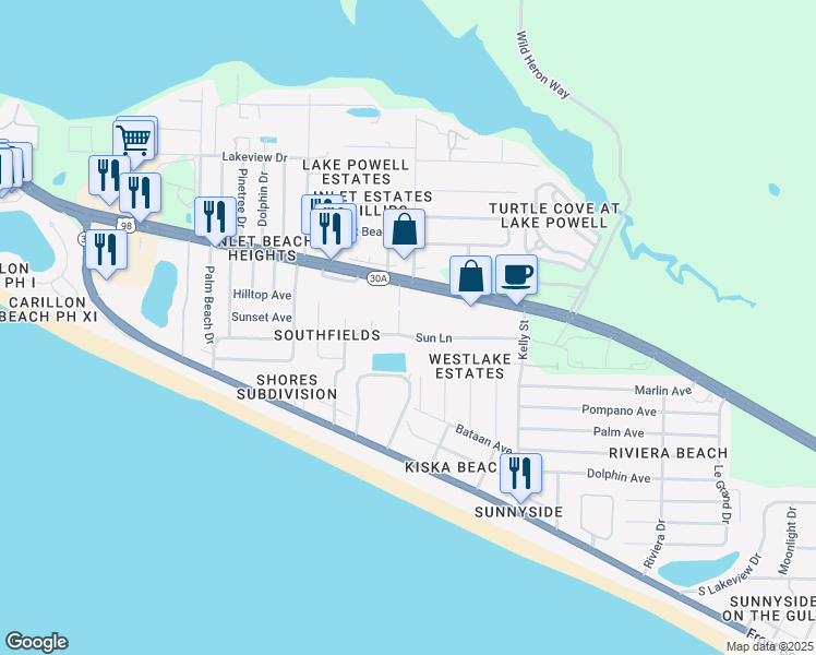 map of restaurants, bars, coffee shops, grocery stores, and more near 132 Sun Lane in Panama City Beach