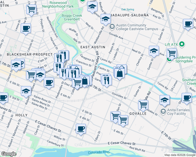 map of restaurants, bars, coffee shops, grocery stores, and more near 2810 Garwood Street in Austin