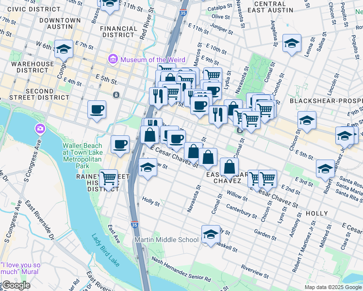 map of restaurants, bars, coffee shops, grocery stores, and more near 1106 East 2nd Street in Austin