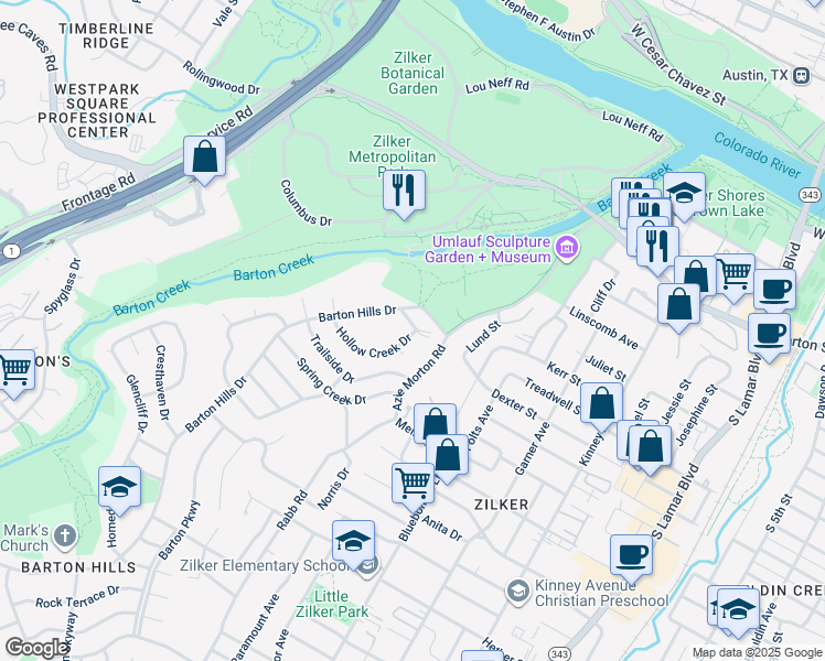 map of restaurants, bars, coffee shops, grocery stores, and more near 1100 Barton Hills Drive in Austin