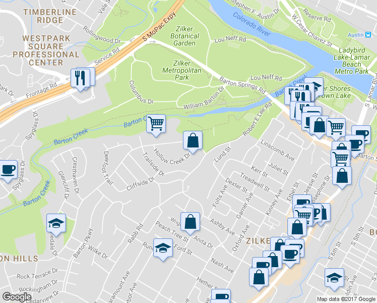 map of restaurants, bars, coffee shops, grocery stores, and more near 1135 Barton Hills Drive in Austin