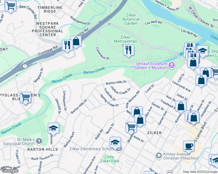 map of restaurants, bars, coffee shops, grocery stores, and more near 2504 Trailside Drive in Austin