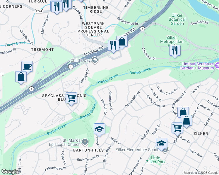 map of restaurants, bars, coffee shops, grocery stores, and more near 1701 Cresthaven Drive in Austin