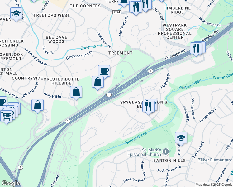 map of restaurants, bars, coffee shops, grocery stores, and more near 1601 Spyglass Drive in Austin