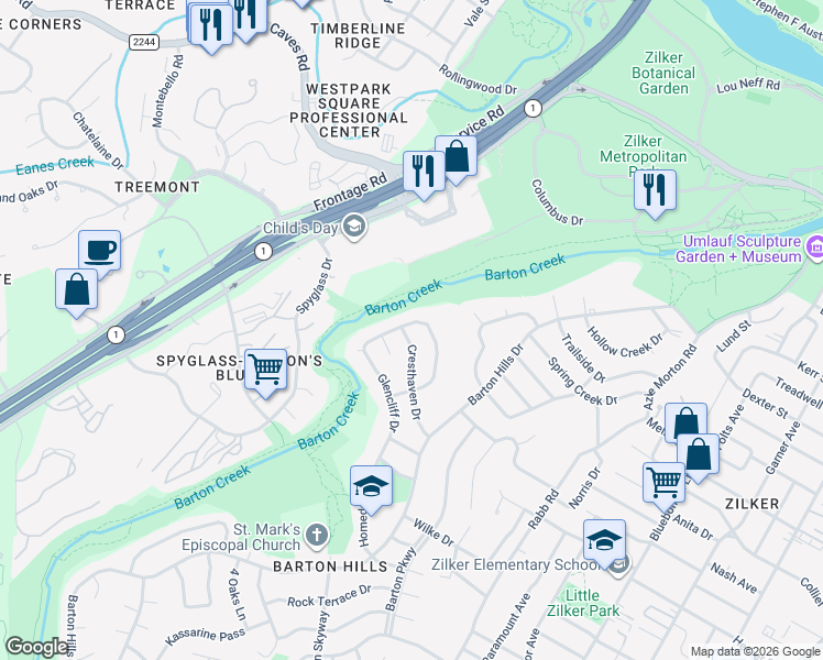 map of restaurants, bars, coffee shops, grocery stores, and more near 1701 Cresthaven Drive in Austin