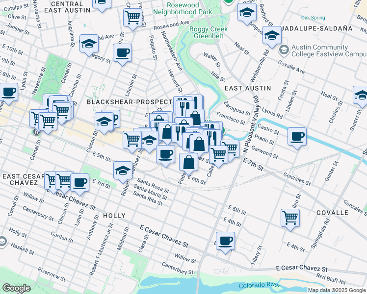 map of restaurants, bars, coffee shops, grocery stores, and more near East 7th Street in Austin