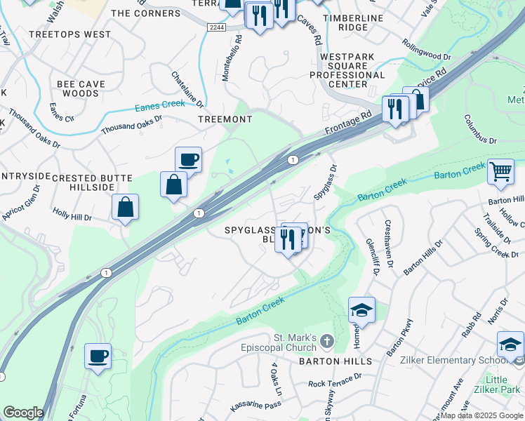 map of restaurants, bars, coffee shops, grocery stores, and more near 1501 South MoPac Expressway in Austin