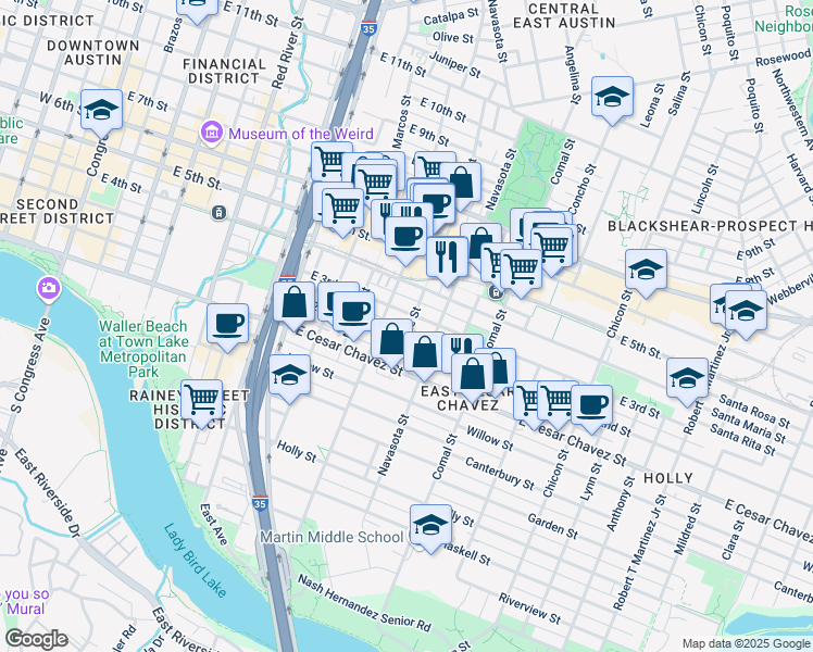 map of restaurants, bars, coffee shops, grocery stores, and more near 204 Attayac Street in Austin