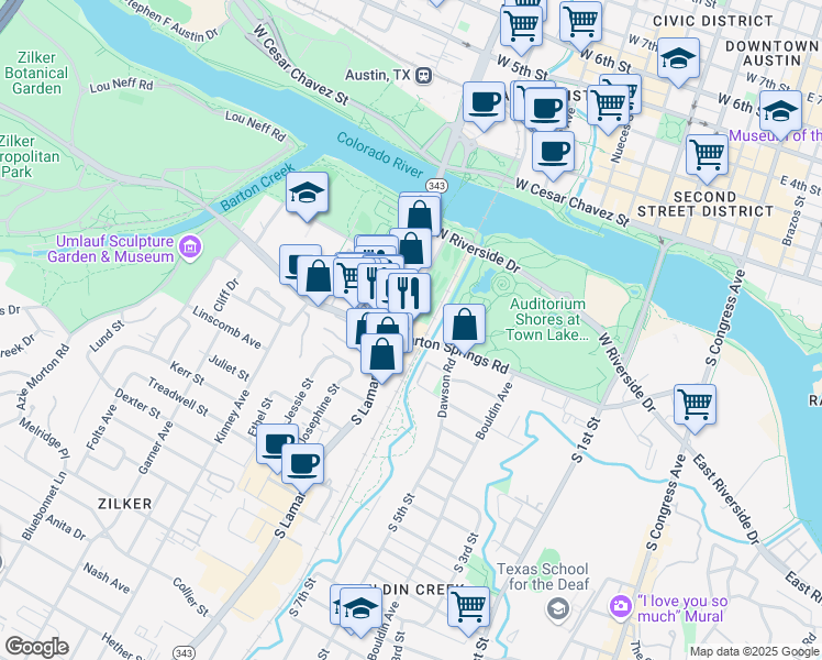 map of restaurants, bars, coffee shops, grocery stores, and more near 1210 Barton Springs Road in Austin