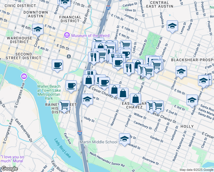 map of restaurants, bars, coffee shops, grocery stores, and more near 1106 East 2nd Street in Austin