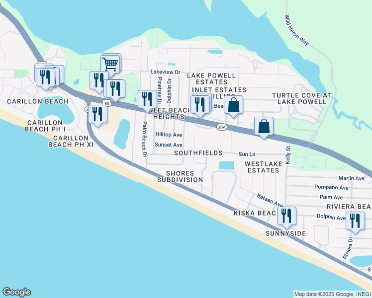 map of restaurants, bars, coffee shops, grocery stores, and more near 130 Gulf View Drive in Panama City Beach