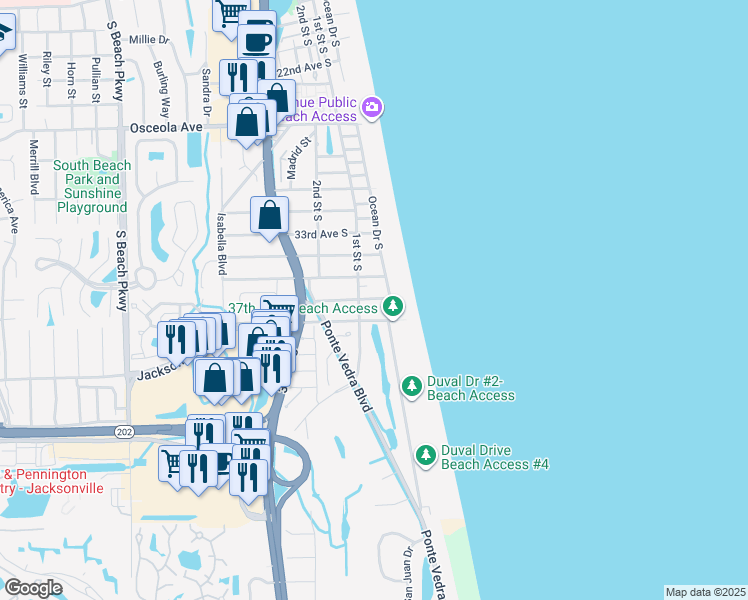map of restaurants, bars, coffee shops, grocery stores, and more near 52 36th Avenue South in Jacksonville Beach