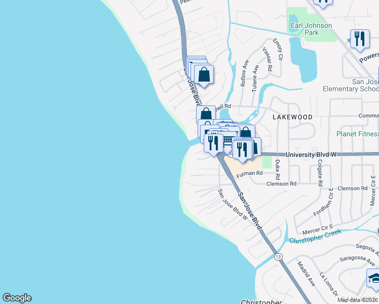 map of restaurants, bars, coffee shops, grocery stores, and more near 1401 University Boulevard West in Jacksonville