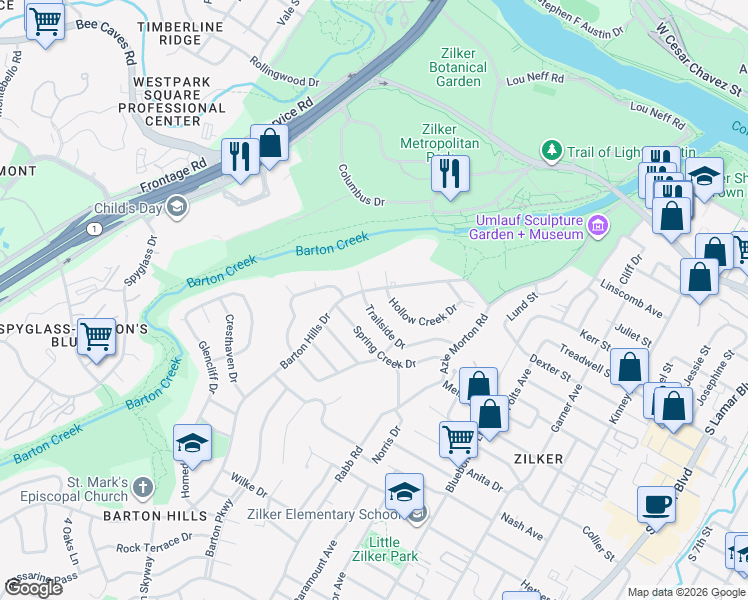map of restaurants, bars, coffee shops, grocery stores, and more near 2504 Trailside Drive in Austin