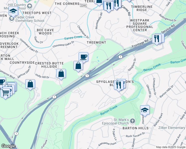 map of restaurants, bars, coffee shops, grocery stores, and more near 1601 South MoPac Expressway in Austin
