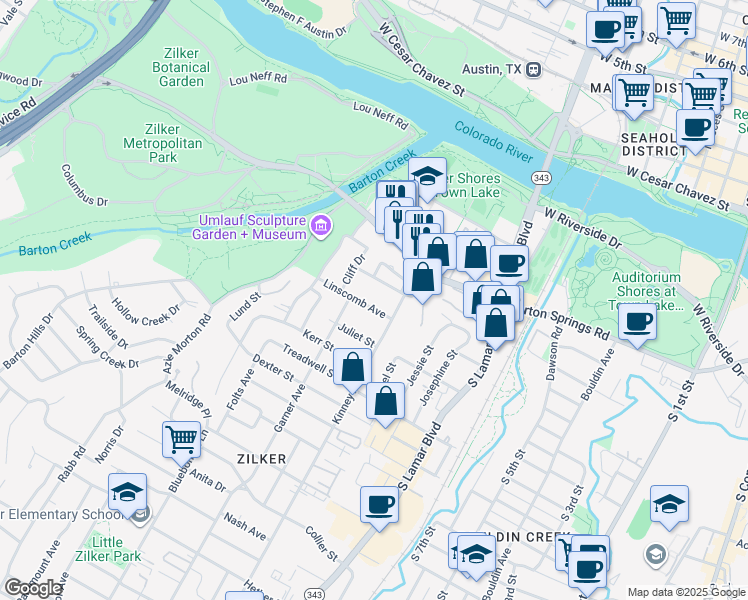 map of restaurants, bars, coffee shops, grocery stores, and more near 1612 Linscomb Avenue in Austin