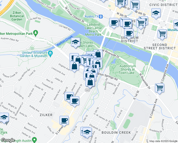 map of restaurants, bars, coffee shops, grocery stores, and more near 1410 Barton Springs Road in Austin