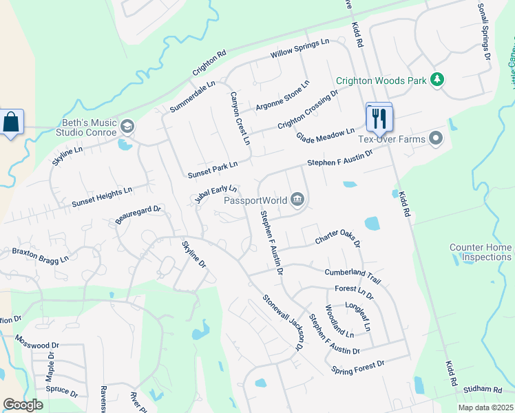 map of restaurants, bars, coffee shops, grocery stores, and more near 464 Stephen F Austin Drive in Conroe
