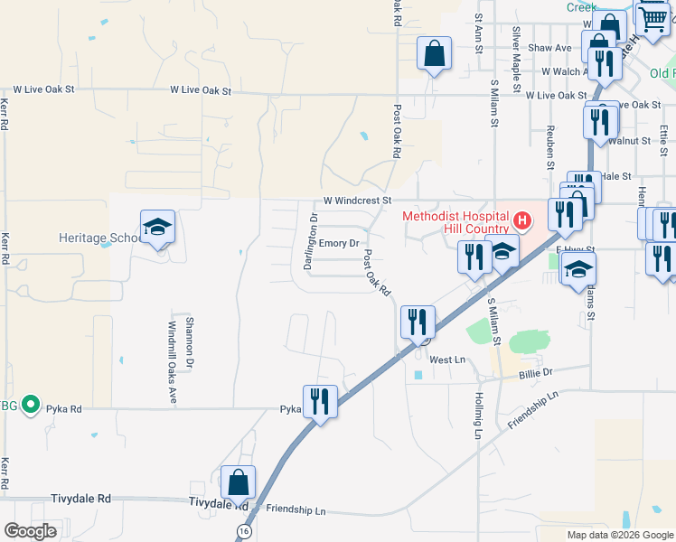 map of restaurants, bars, coffee shops, grocery stores, and more near 712 Darlington Drive in Fredericksburg