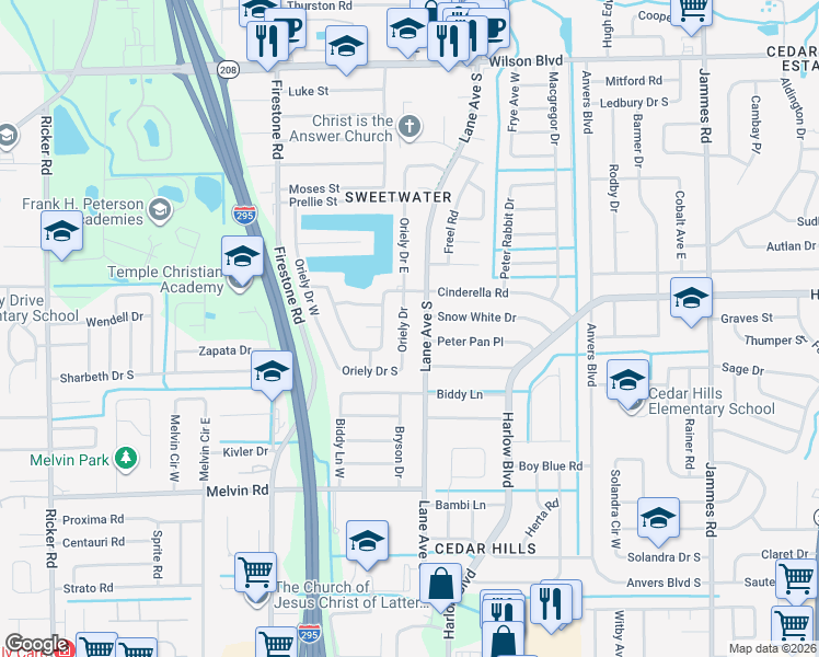 map of restaurants, bars, coffee shops, grocery stores, and more near 4211 Oriely Drive in Jacksonville