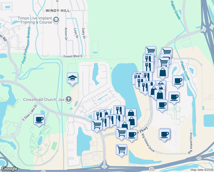 map of restaurants, bars, coffee shops, grocery stores, and more near 10136 Ecton Lane in Jacksonville