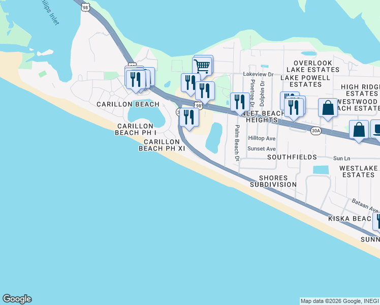 map of restaurants, bars, coffee shops, grocery stores, and more near 23011 Front Beach Road in Panama City Beach