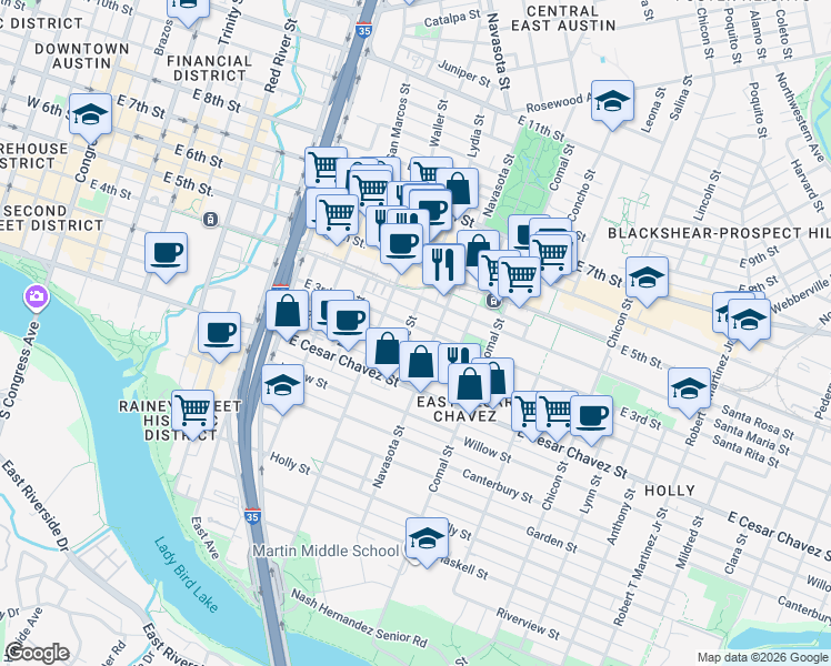 map of restaurants, bars, coffee shops, grocery stores, and more near 204 Attayac Street in Austin