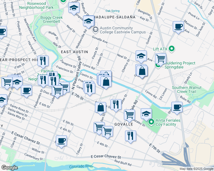 map of restaurants, bars, coffee shops, grocery stores, and more near 705 Tillery Street in Austin