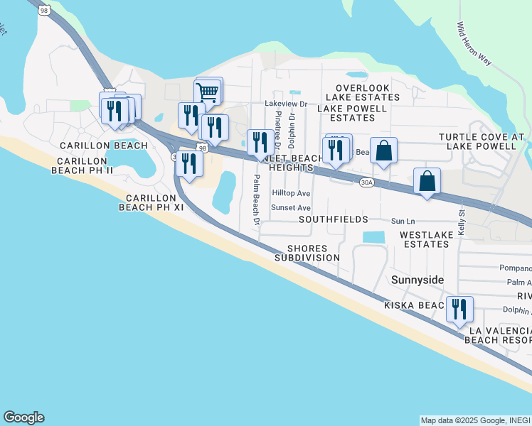 map of restaurants, bars, coffee shops, grocery stores, and more near 211 Pinetree Drive in Panama City Beach