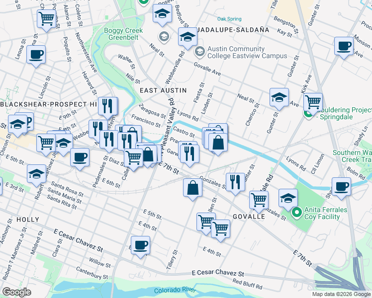 map of restaurants, bars, coffee shops, grocery stores, and more near 2921 Prado Street in Austin